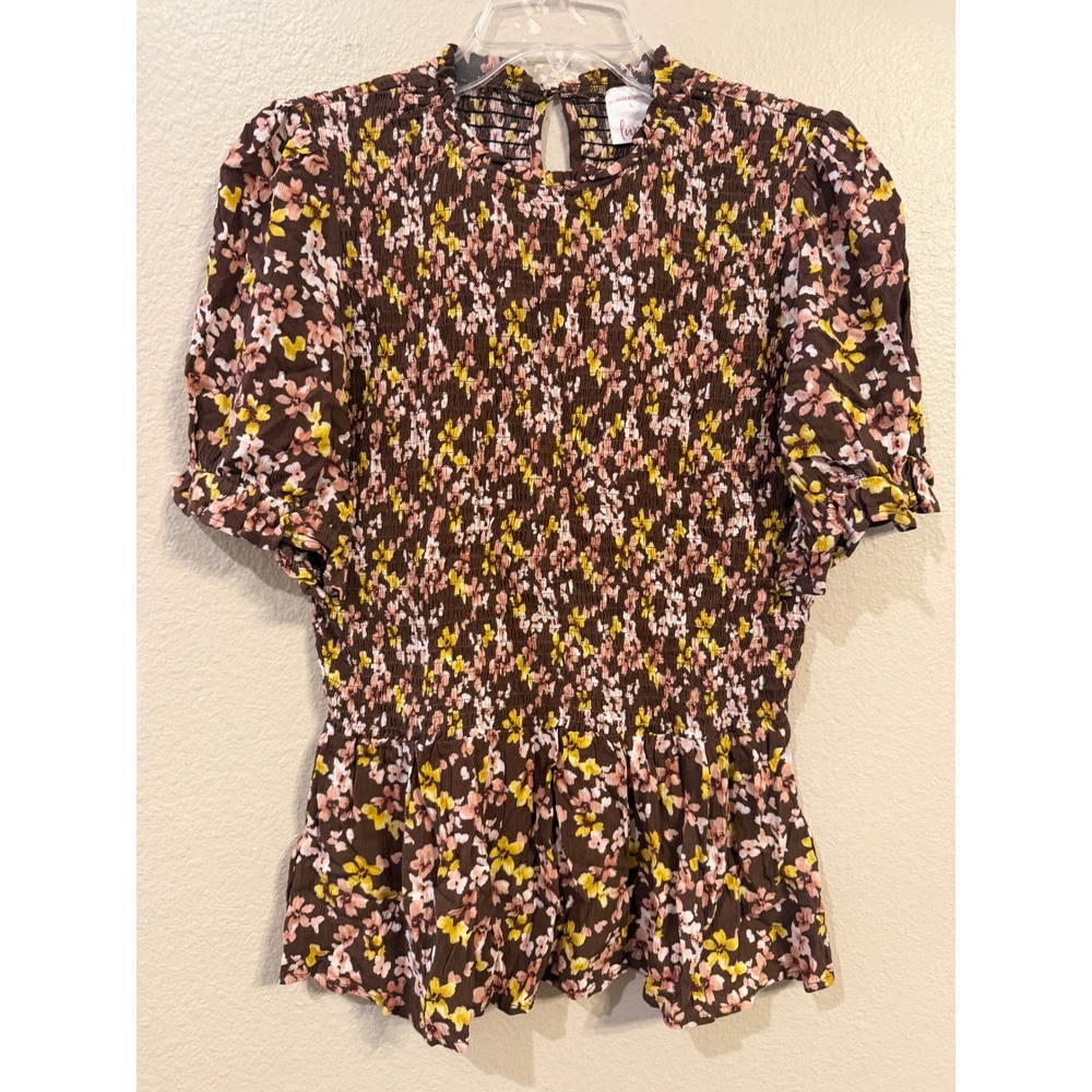 Luna Floral Smocked Peplum Top Brown Yellow Pink Puff Sleeve AB3488 Womens Large